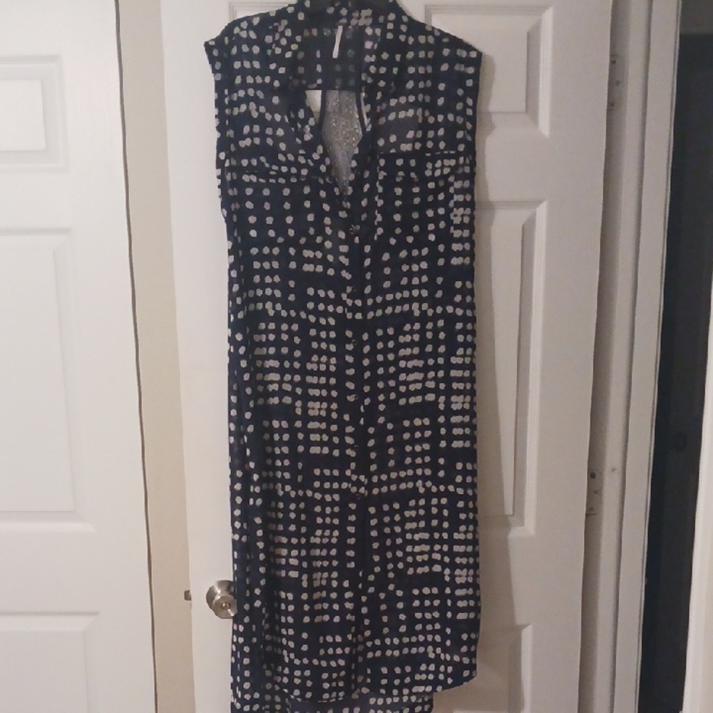 Navy and White Polka Dot Sleeveless Blouse With Lace Back By Free People. Size L